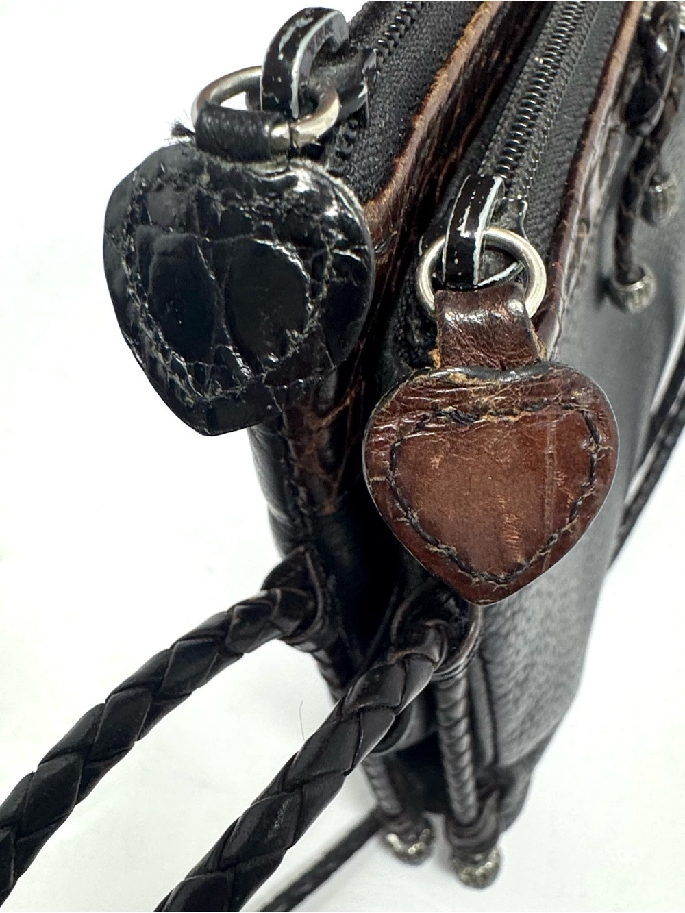 Vintage Brighton Black Brown Leather Crossbody Purse Silver Heart Charm - Picture 11 of 14